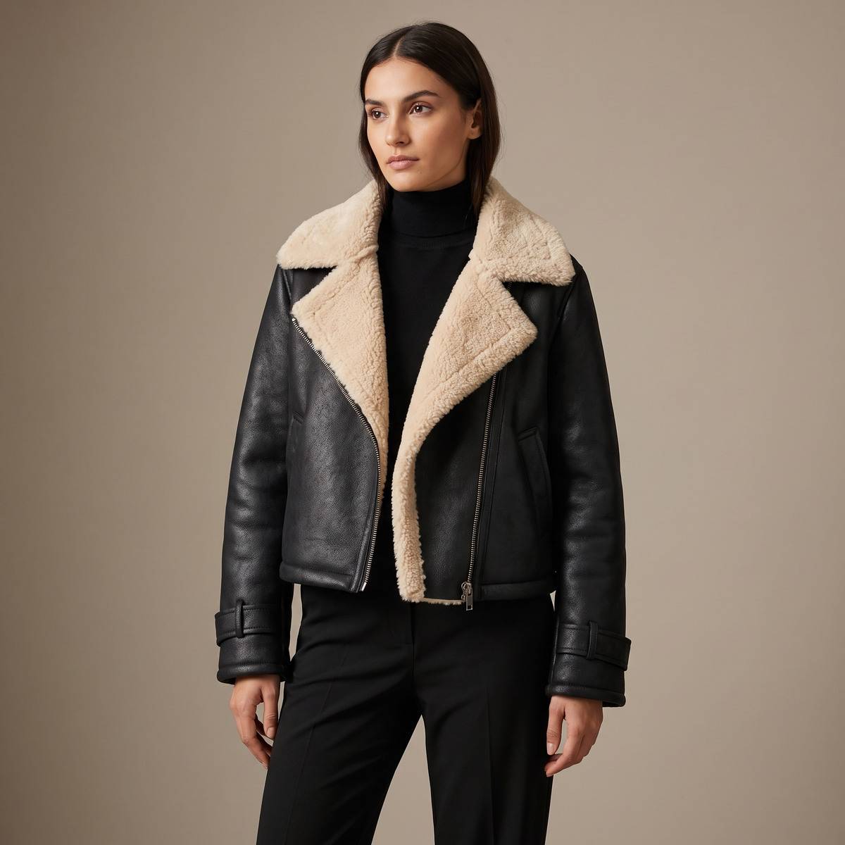 A woman wearing a black leather shearling aviator jacket with a cropped fit, plush shearling lining, and buckled cuffs