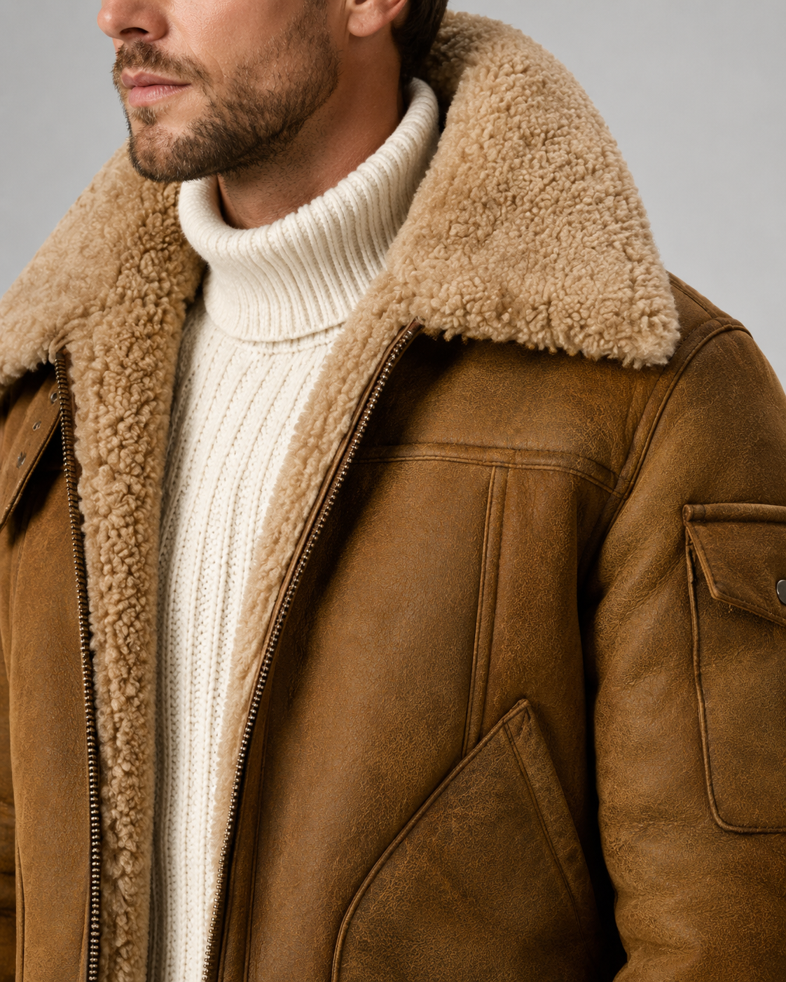 Brown leather shearling aviator jacket for men with thick shell and plush shearling collar, worn by a male model
