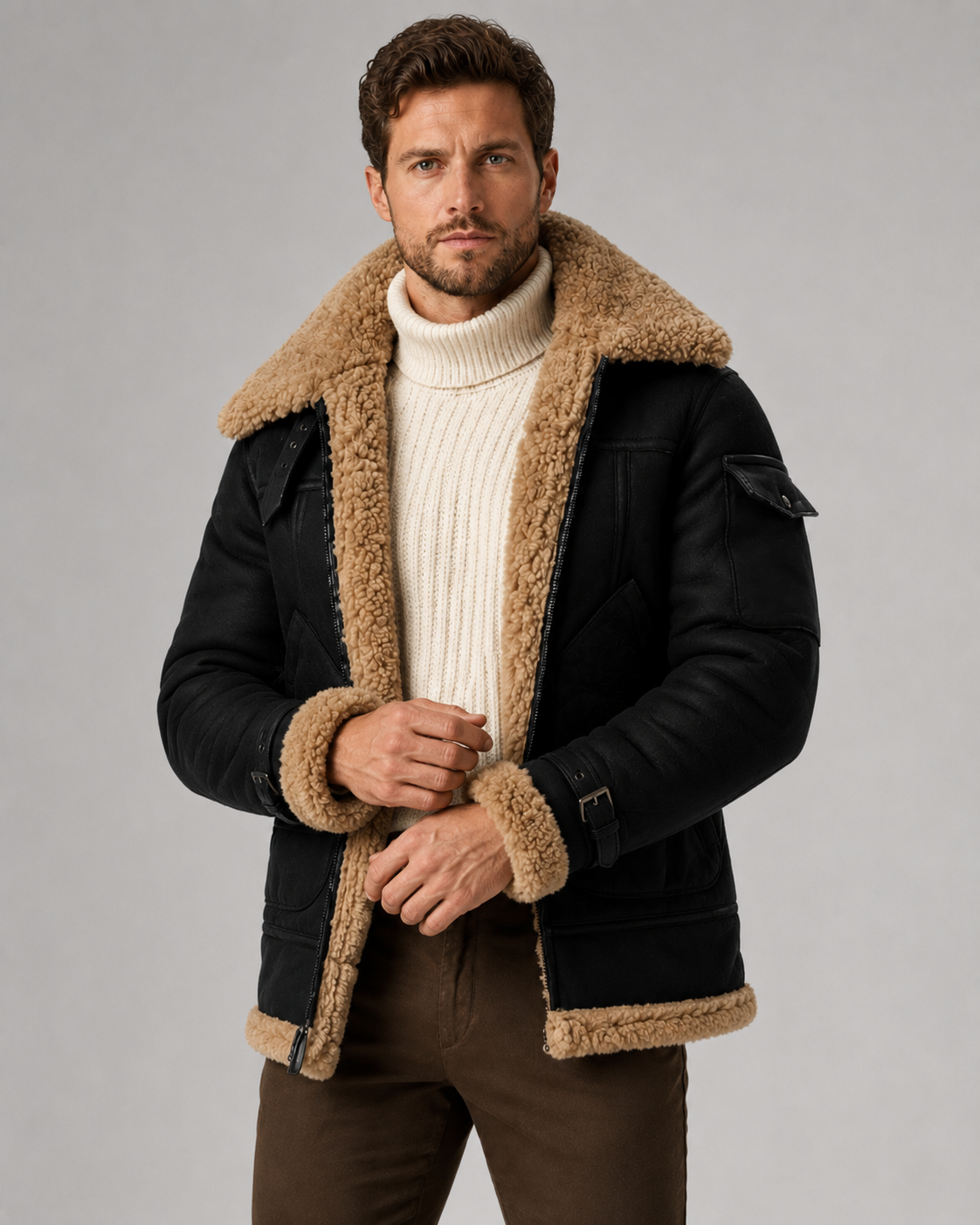 Black leather shearling aviator jacket for men with thick shell, plush lining, patch pockets, and buckle cuffs, worn by a male model