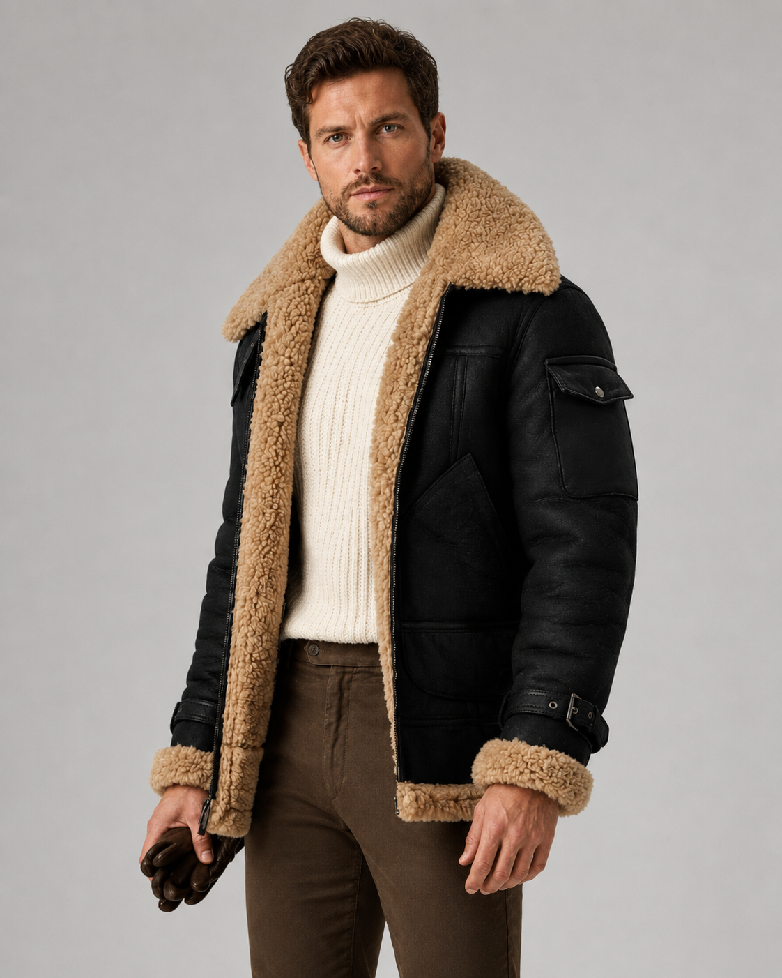 Black leather shearling aviator jacket for men worn by a male model, back view with thick shell and plush collar