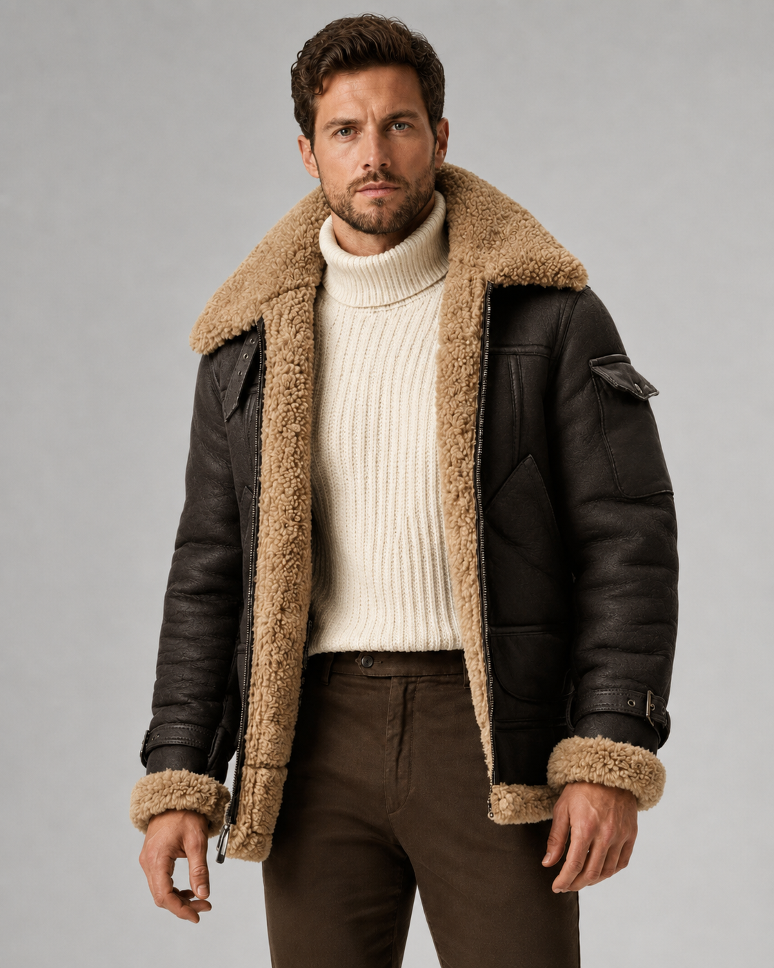 Black leather shearling aviator jacket for men worn by a male model, front view with plush lining, patch pockets, and buckle cuffs