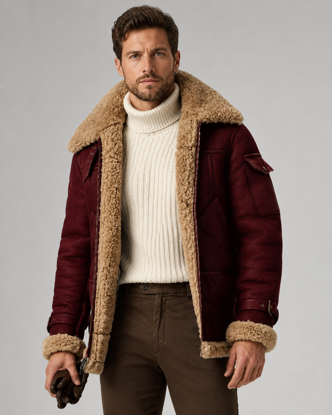 Burgundy leather shearling aviator jacket for men worn by a male model, front view with plush lining, patch pockets, and buckle cuffs