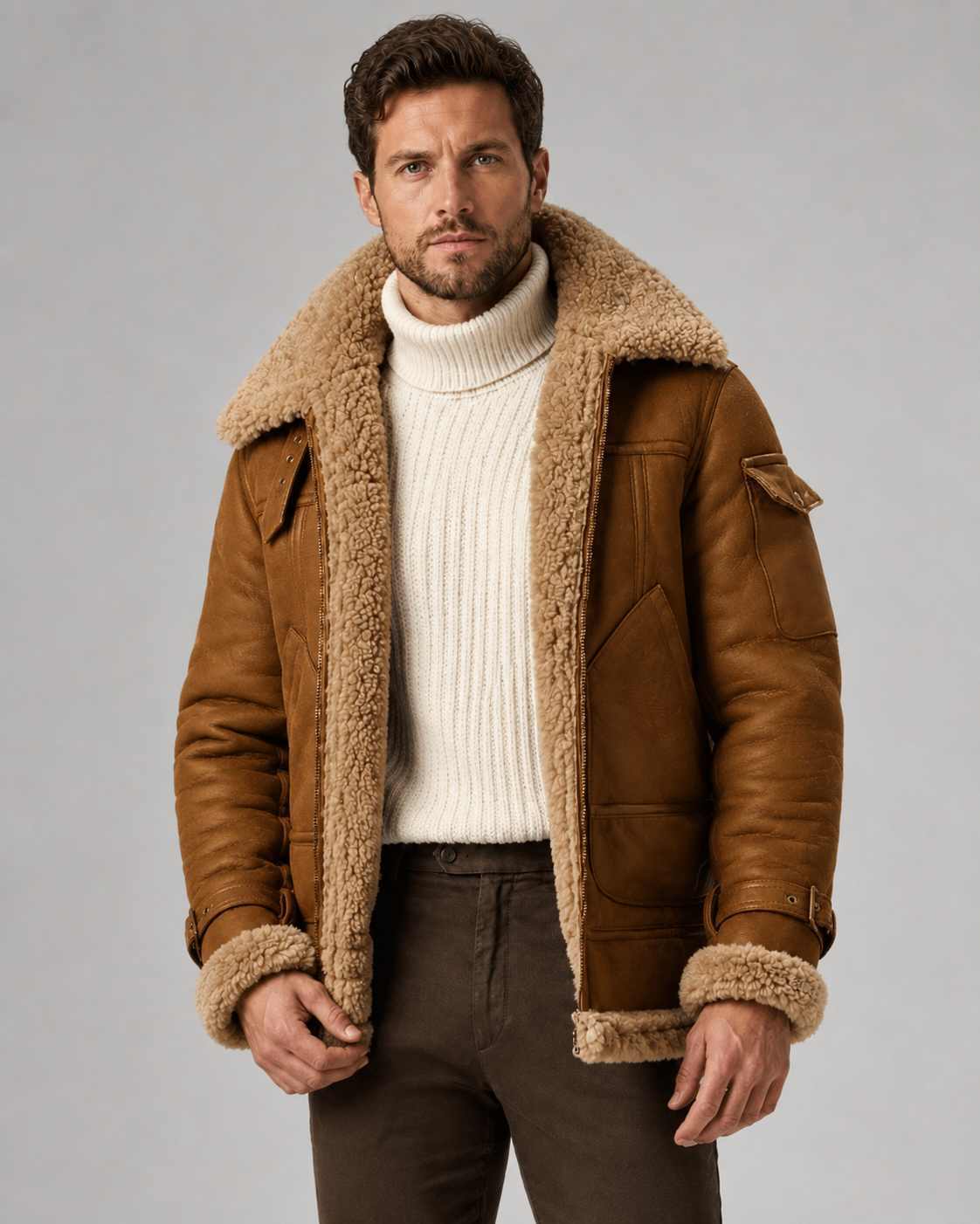 Brown leather shearling aviator jacket for men with thick shell, plush lining, patch pockets, buckle cuffs, and regular fit, worn by a male model