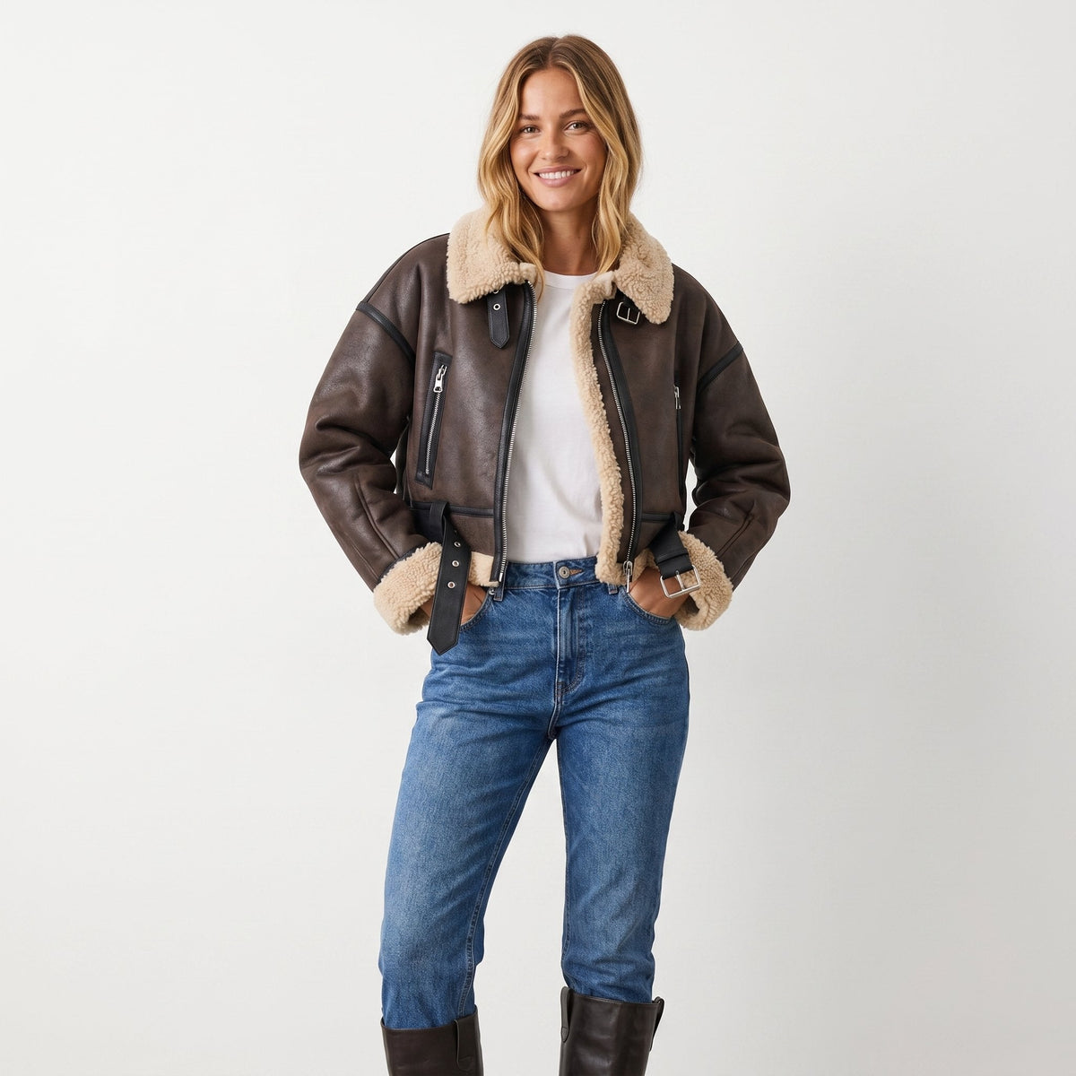 Dark Brown leather shearling bomber jacket worn by a female model, full-body view with cropped fit and shearling trim