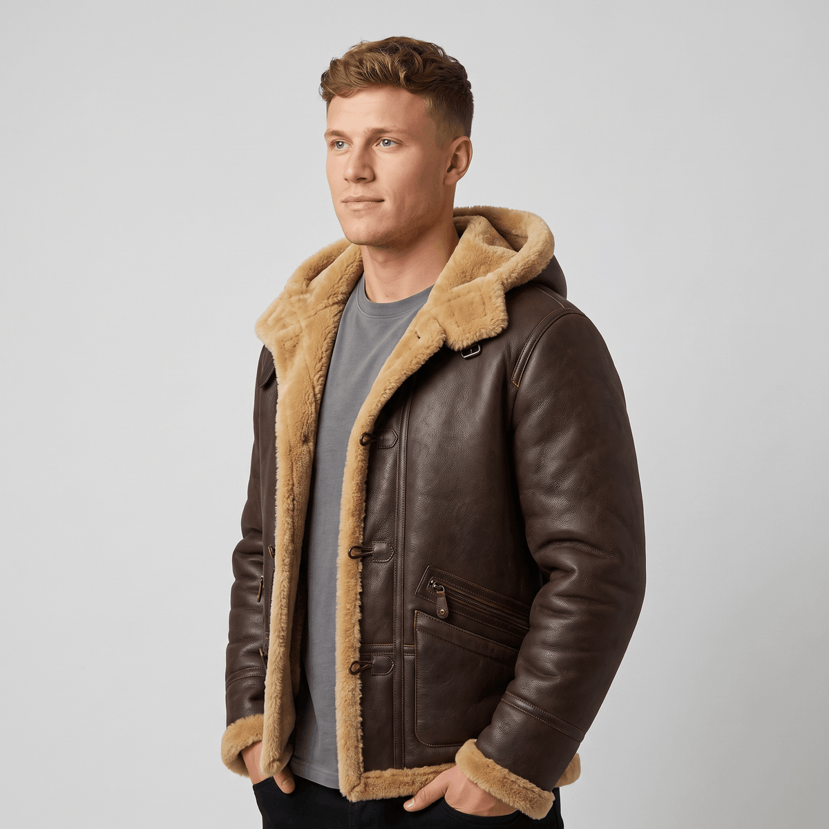 A man wearing a dark brown leather shearling jacket with a hood, plush lining, and button closure, side view