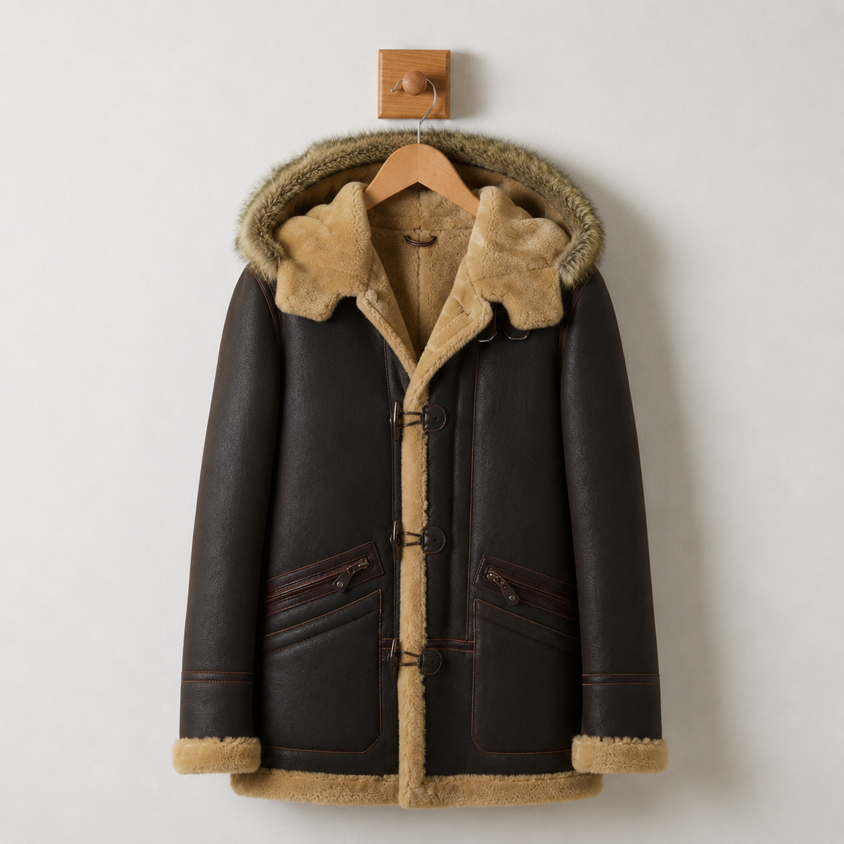A dark brown leather shearling jacket with a hood, plush lining, and button closure, shown on a hanger