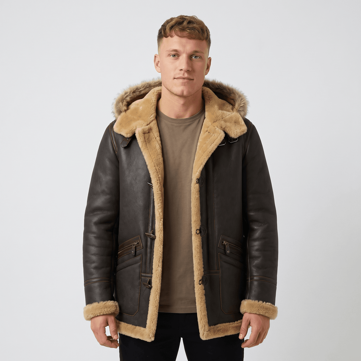 A man wearing a dark brown leather shearling jacket with a hood, plush lining, and button closure
