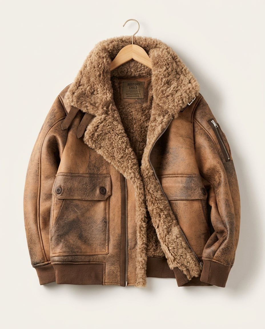 A brown leather shearling jacket with plush lining, a full-zip front, large front pockets, and a shearling collar, shown on a hanger