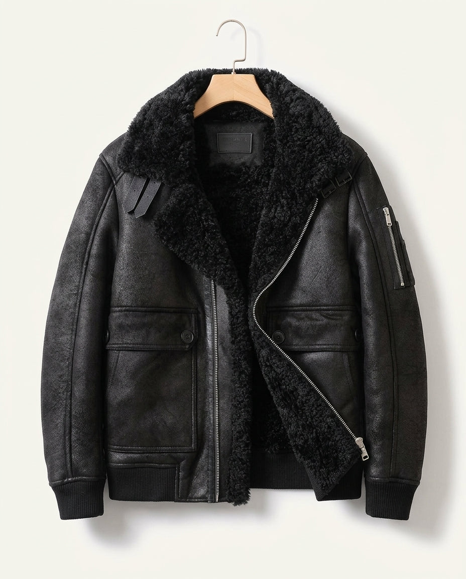A black leather shearling jacket with plush lining, a full-zip front, and a shearling collar, shown on a hanger