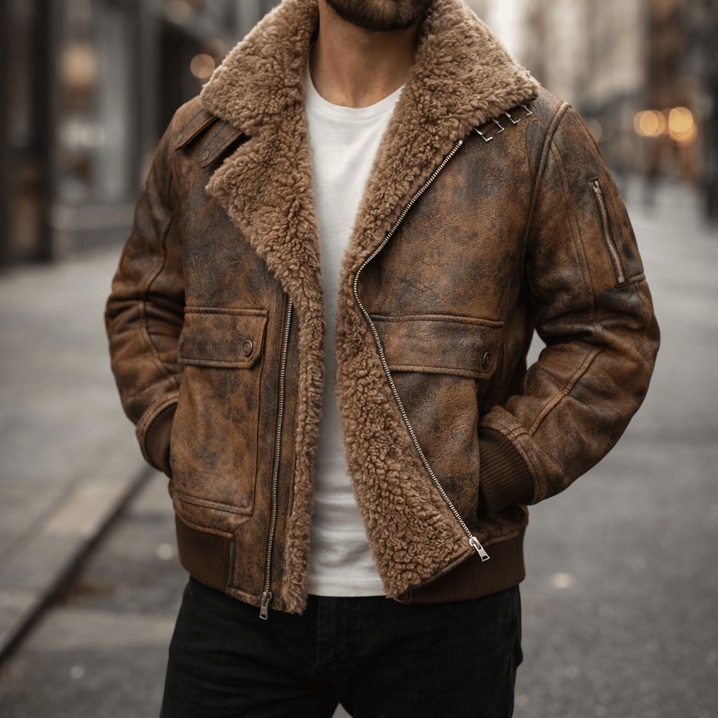 A man wearing a brown leather shearling jacket with plush lining, a wide shearling collar, zip front, and ribbed cuffs
