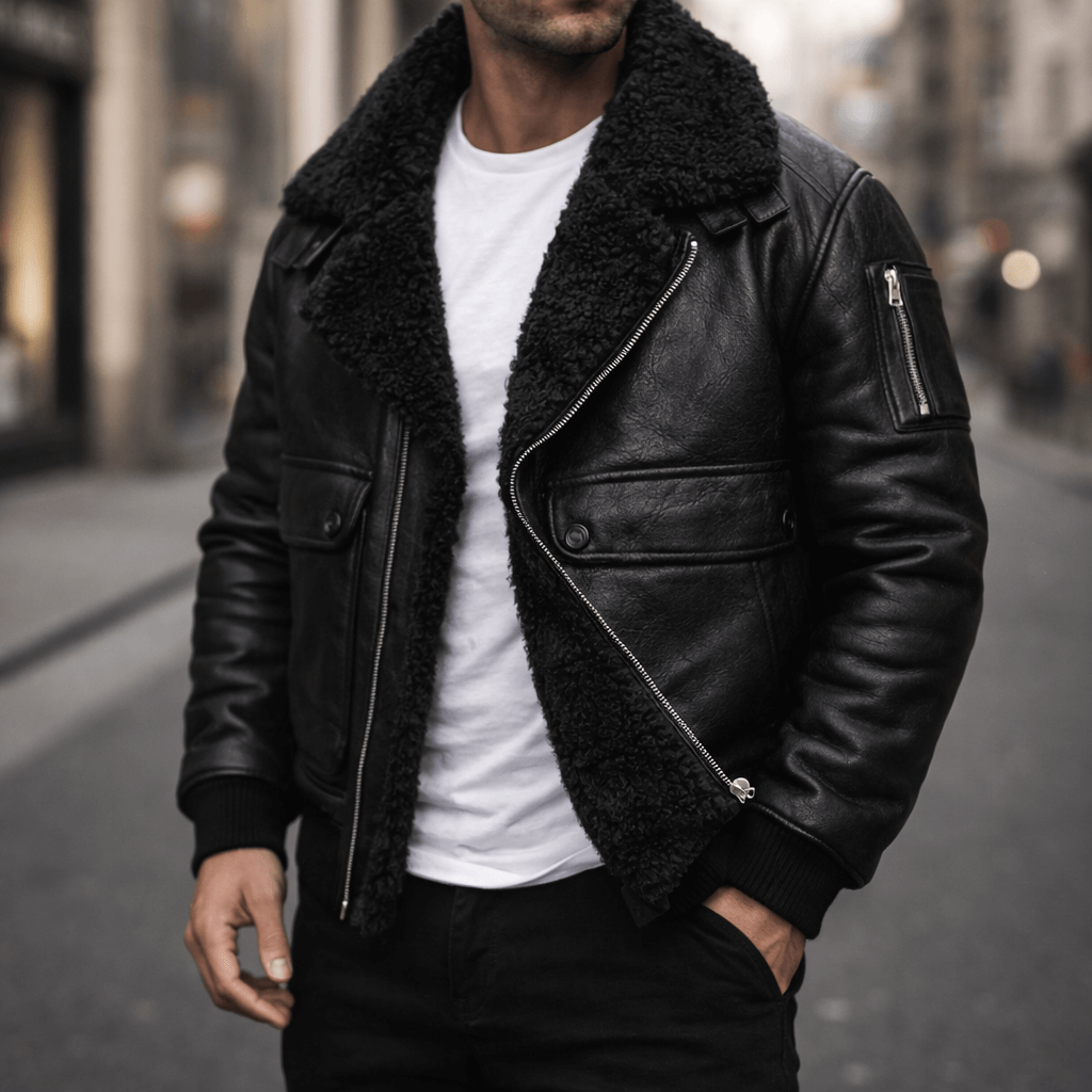 A man wearing a black leather shearling jacket with plush lining, a wide shearling collar, zip front, and ribbed cuffs
