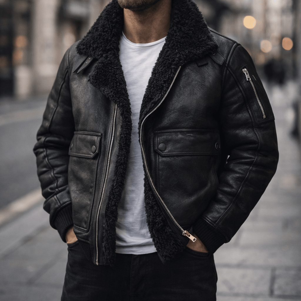 A man wearing a black leather shearling jacket with plush lining, a wide shearling collar, zip front, and ribbed cuffs