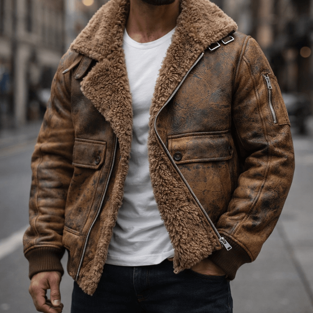 A man wearing a brown leather shearling jacket with plush lining, a wide shearling collar, zip front, and ribbed cuffs