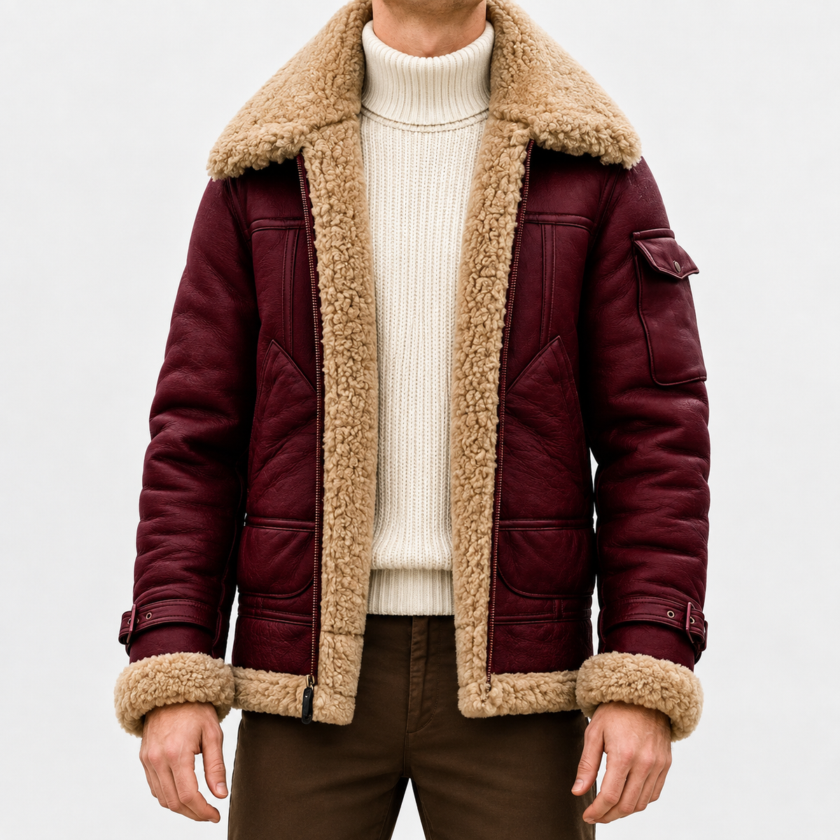 A person wearing a burgundy leather shearling jacket with sherpa lining, a wide collar, zip front, and biker-inspired style