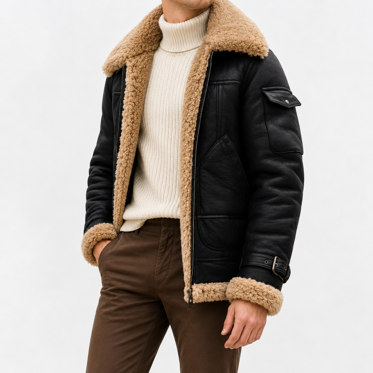 A person wearing a black leather shearling jacket with sherpa lining, a wide collar, zip front, and biker-inspired style