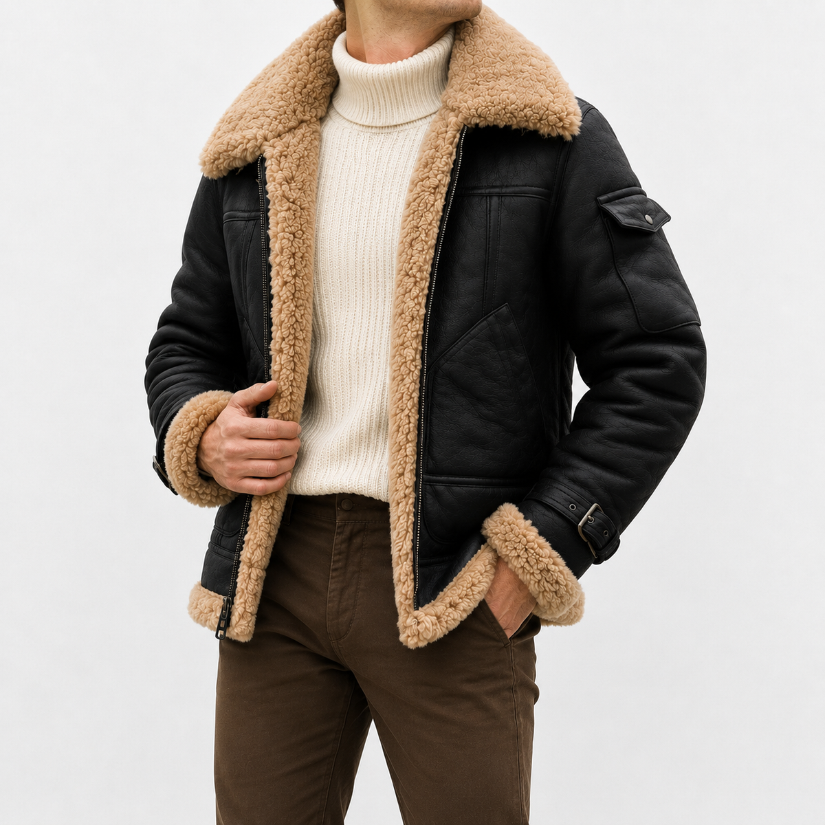 A person wearing a black leather shearling jacket with sherpa lining, a wide collar, zip front, and biker-inspired style, shown from the side