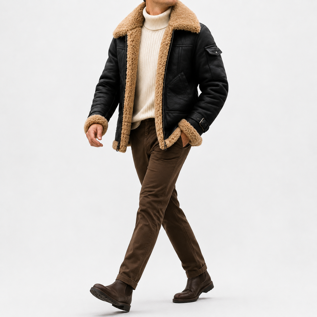 A person wearing a black leather shearling jacket with sherpa lining, a wide collar, zip front, and biker-inspired style, shown with an open front