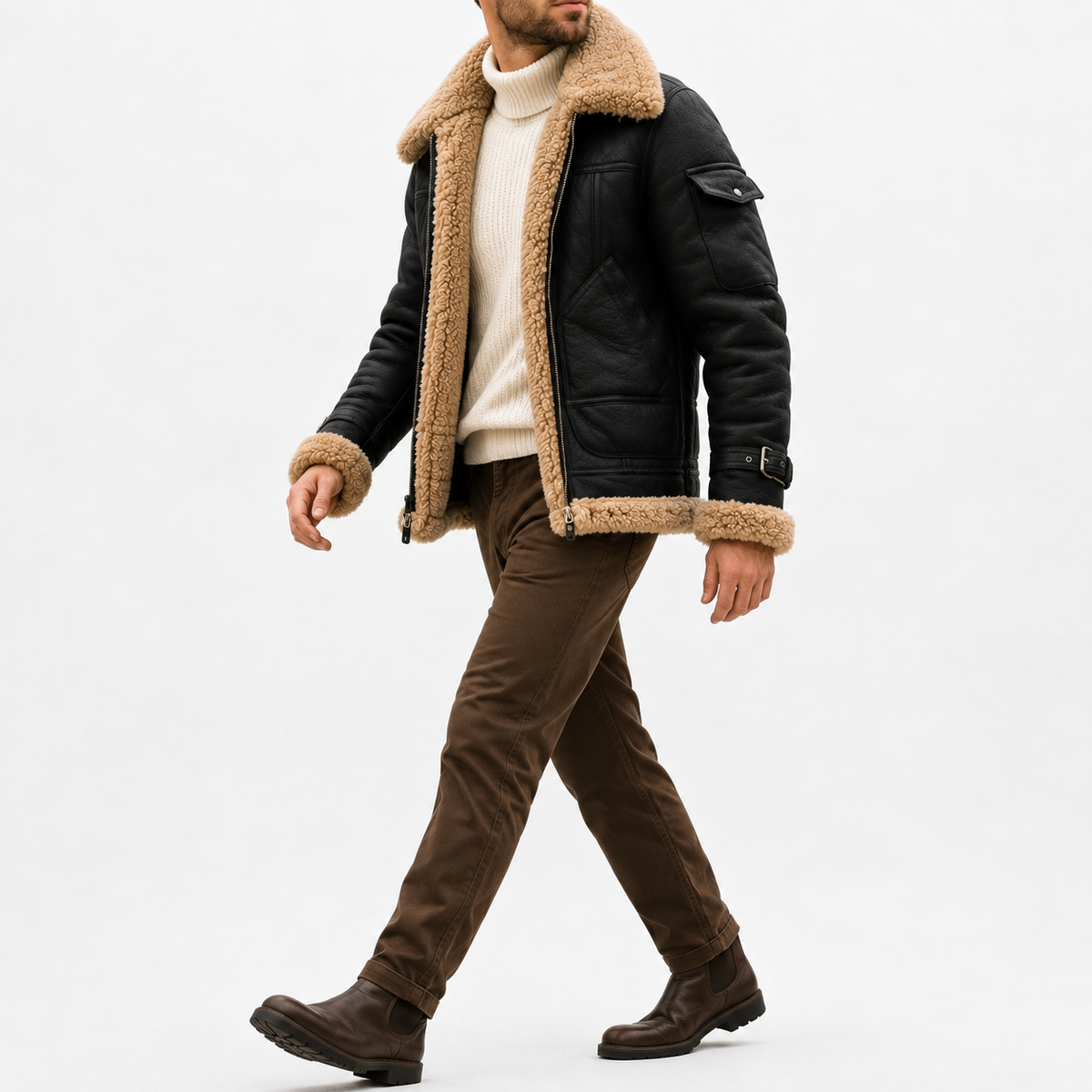 A person wearing a black leather shearling jacket with sherpa lining, a wide collar, zip front, and biker-inspired style, walking