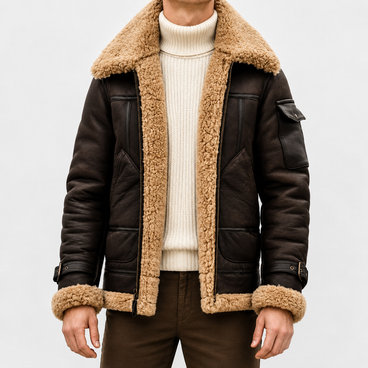 A person wearing a brown leather shearling jacket with sherpa lining, a wide collar, zip front, and biker-inspired style