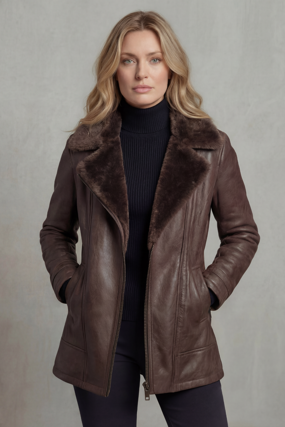 Dark Brown leather shearling jacket for women worn by a female model, featuring a tailored fit, plush shearling collar, and zip front