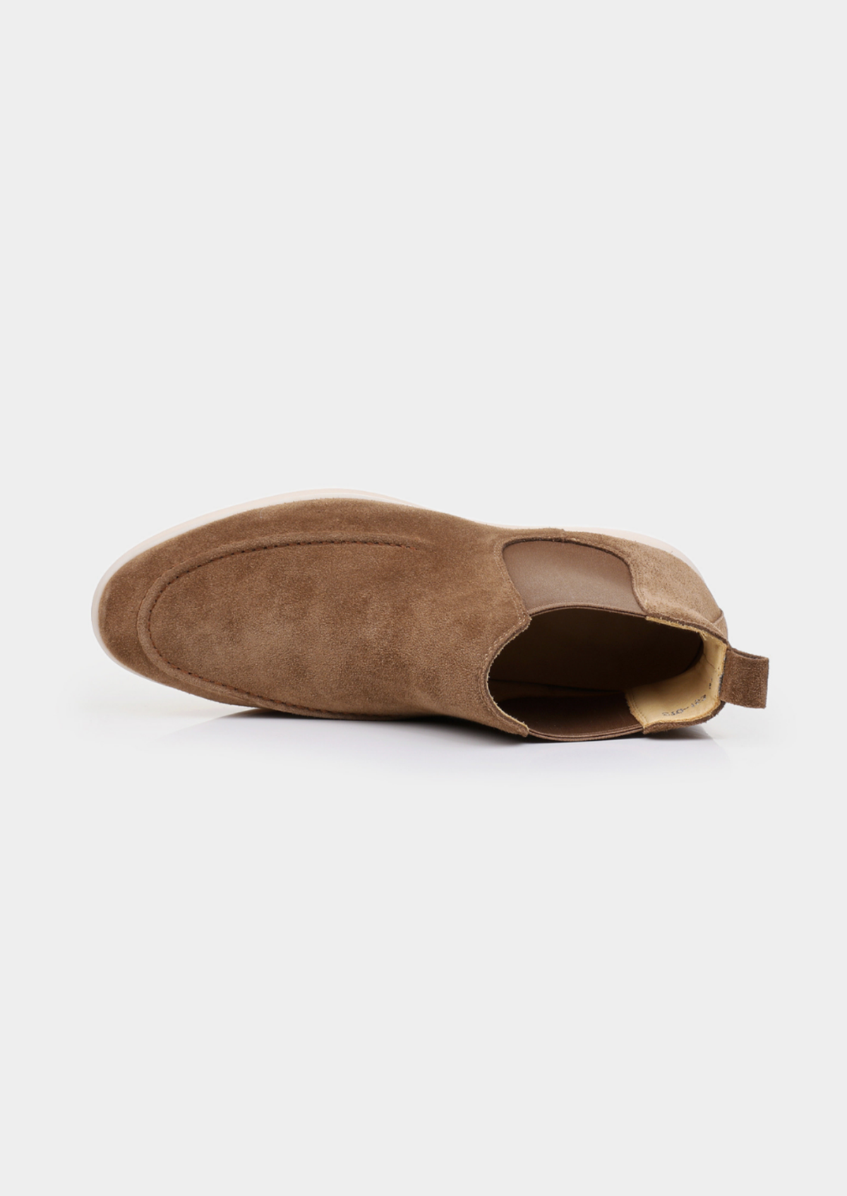 Single brown suede Chelsea boot showing the smooth upper and elastic side panel.