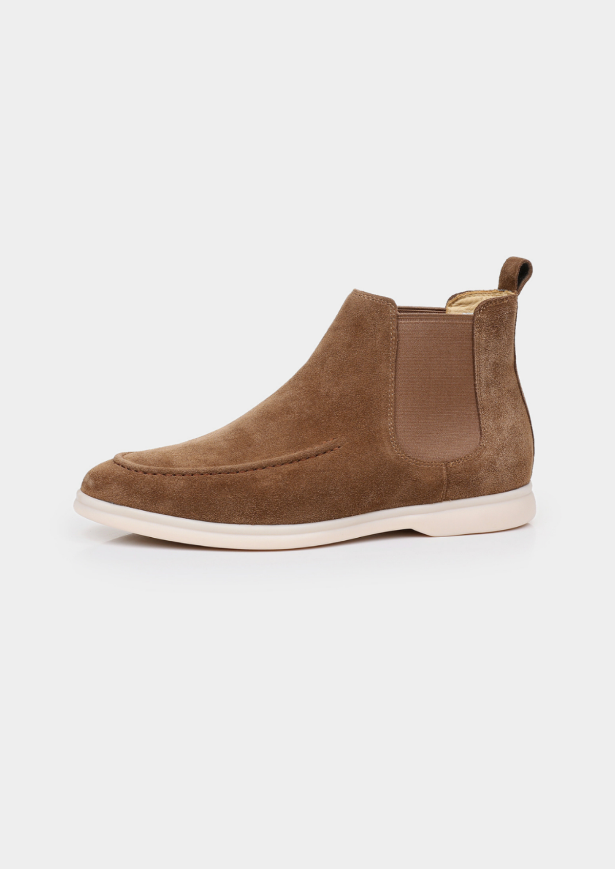 Pair of brown suede Chelsea boots viewed from above, showing the openings and interior.