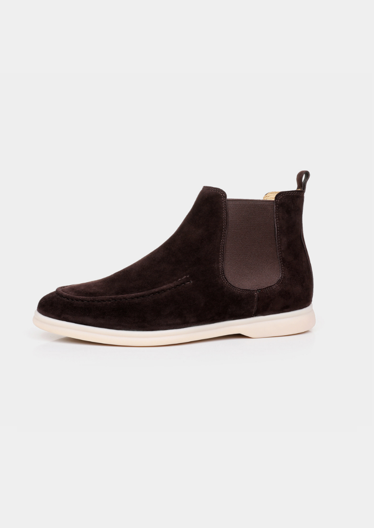 Dark brown suede Chelsea boot showing the opening and pull tab.