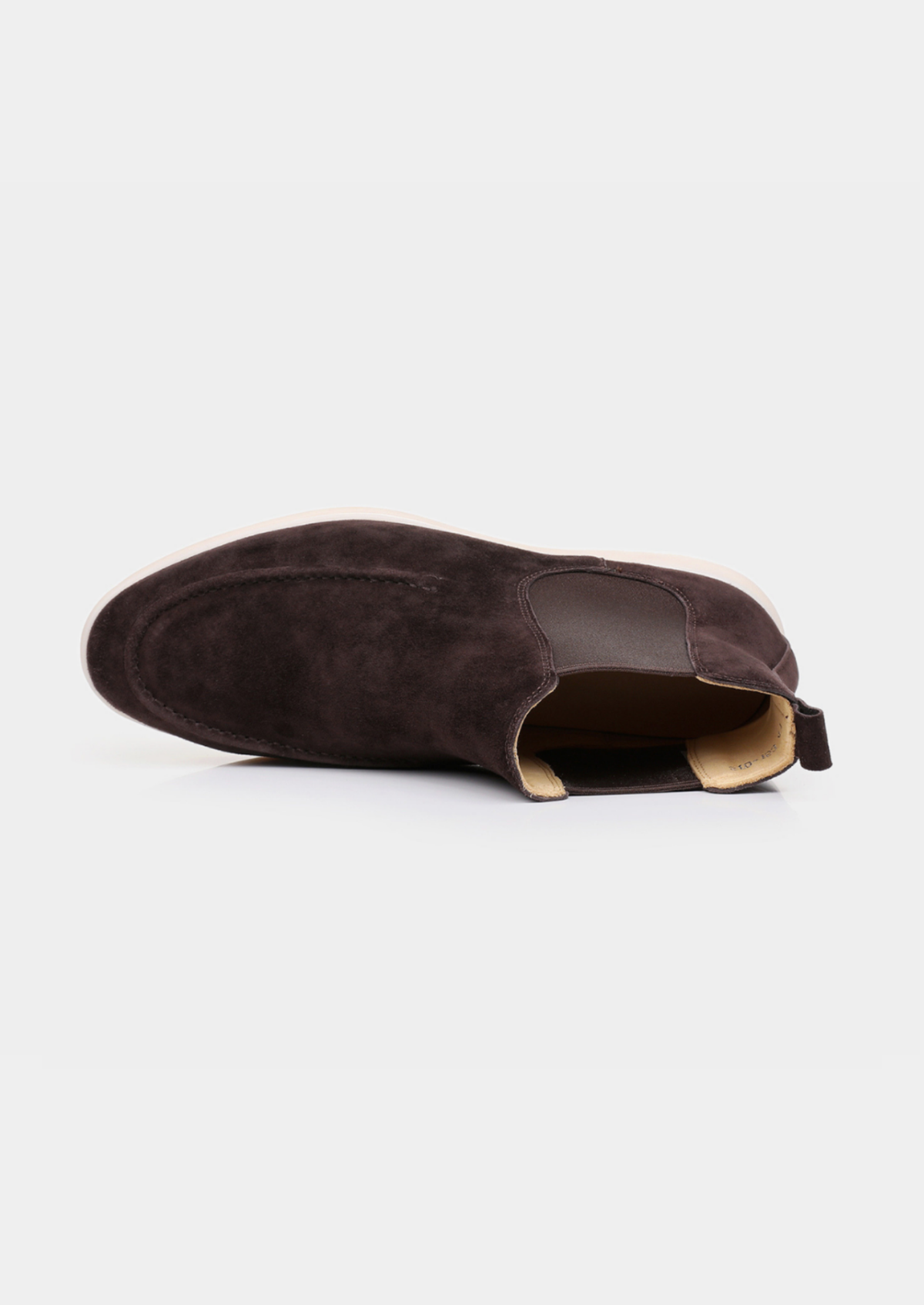 Dark Brown suede slip-on Chelsea boot with elastic side panels and a pull tab