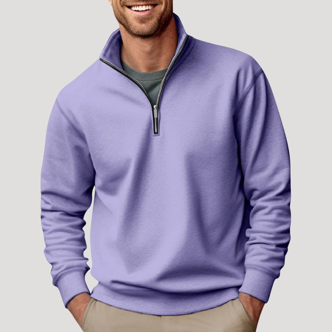 Lavender quarter-zip pullover sweatshirt worn by a male model with long sleeves and ribbed hem