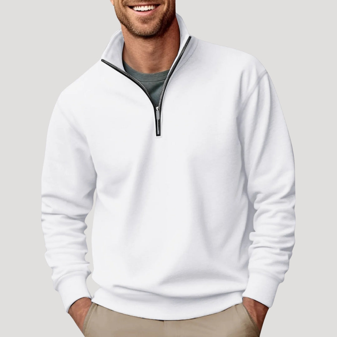 White quarter-zip pullover sweatshirt with a high collar, long sleeves, ribbed cuffs and hem