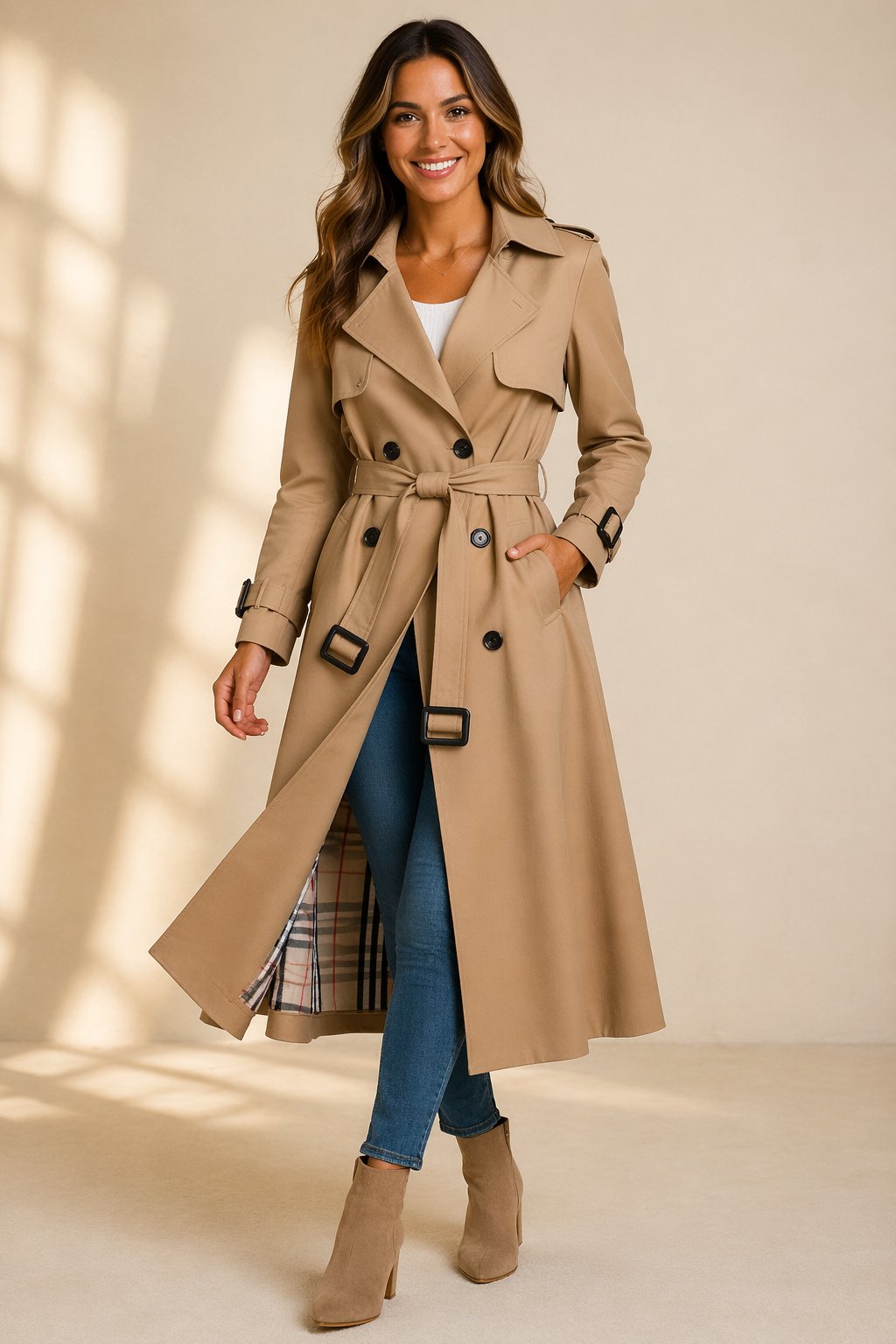 A woman wearing a beige long double-breasted trench coat with a belted waist and plaid lining