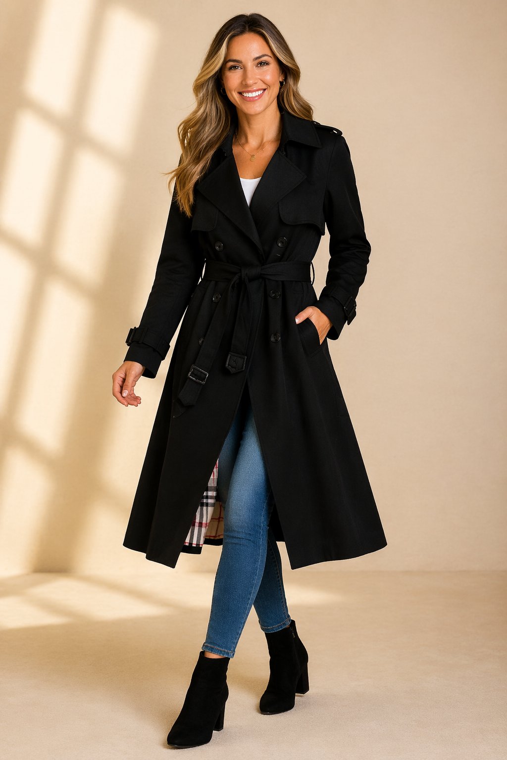 A woman wearing a black long double-breasted trench coat with a belted waist and plaid lining