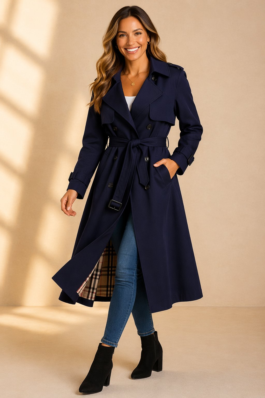 A woman wearing a navy blue long double-breasted trench coat with a belted waist and plaid lining
