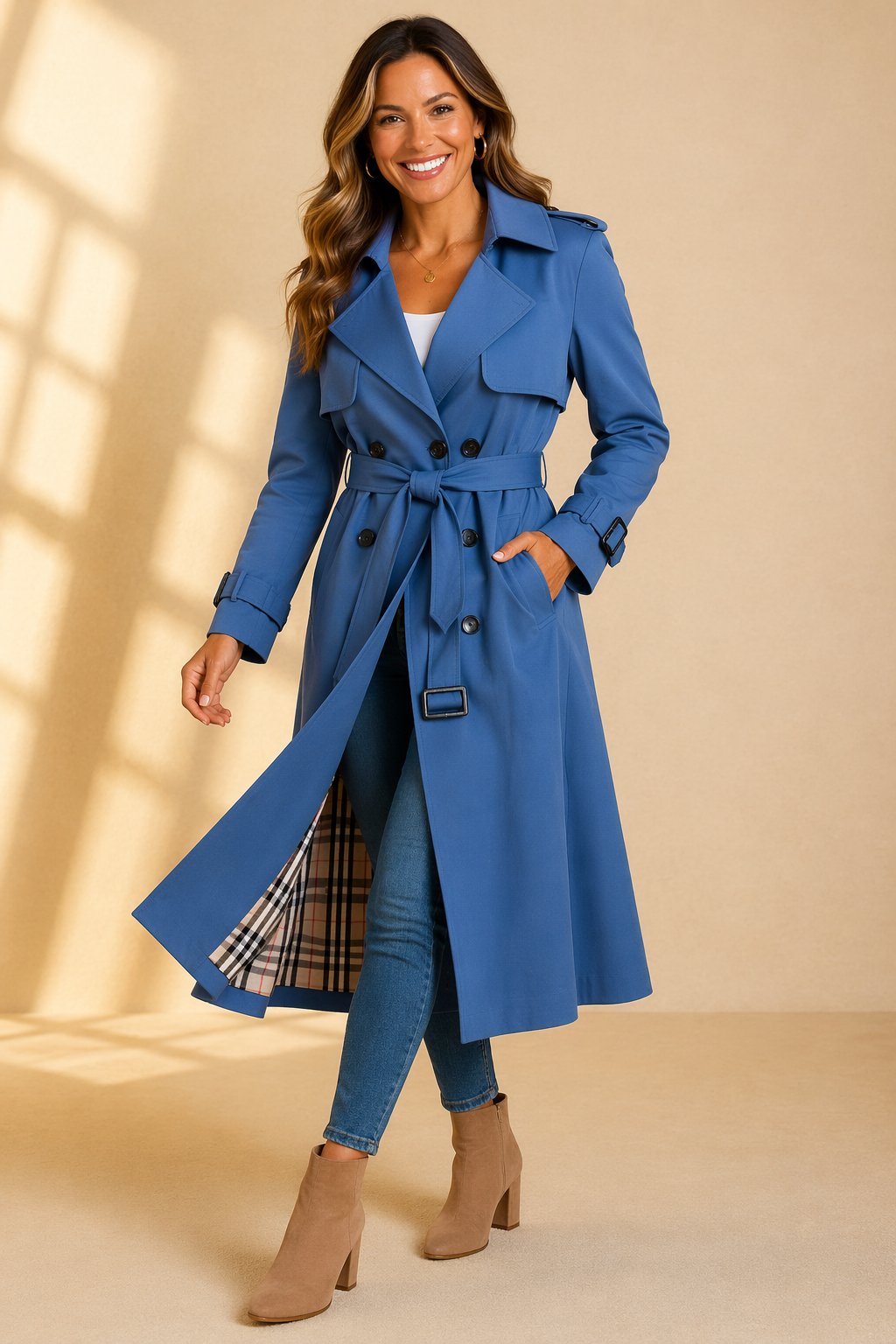 A woman wearing a blue long double-breasted trench coat with a belted waist and plaid lining