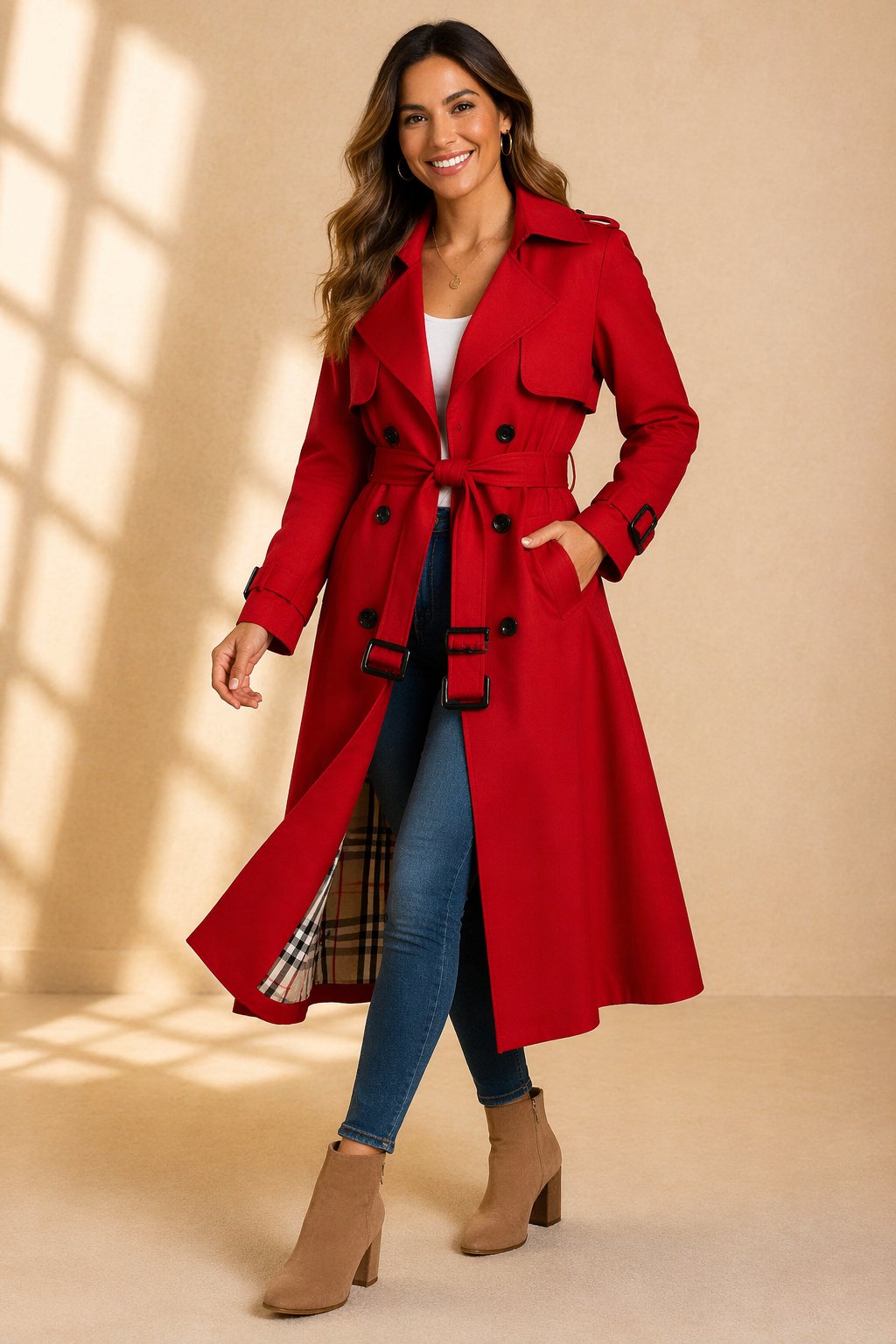 A woman wearing a red long double-breasted trench coat with a belted waist and plaid lining