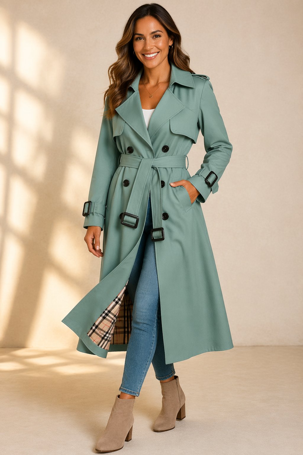 A woman wearing a long mint green double-breasted trench coat with a belted waist and plaid lining