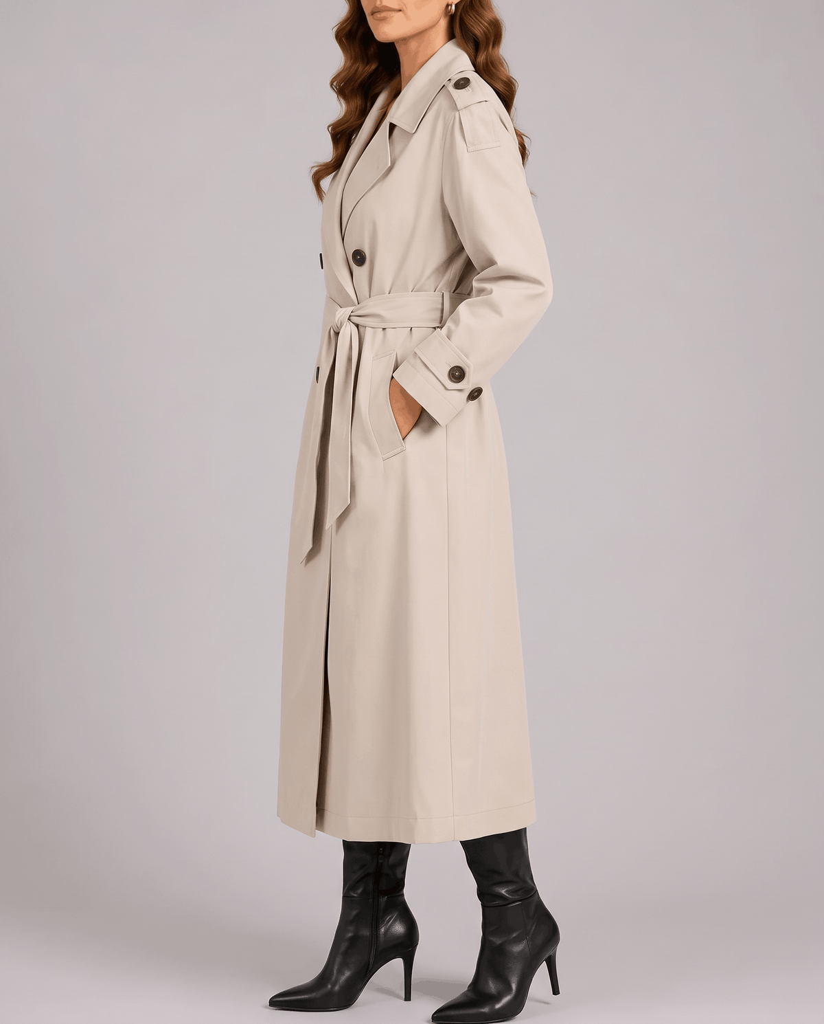 A woman wearing a cream long trench coat with a double-breasted front and belted waist, shown in side view