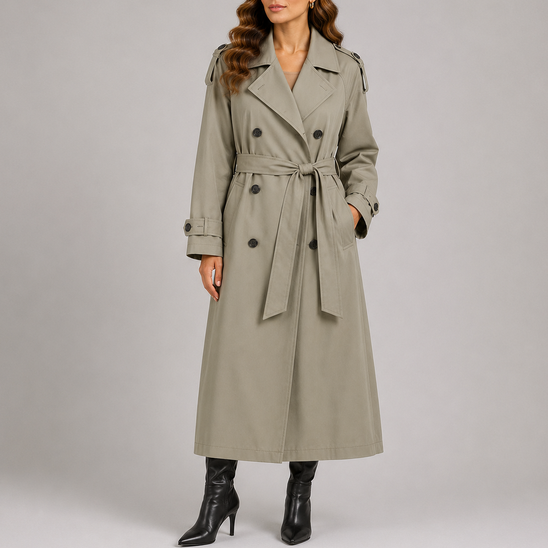 A woman wearing an olive green long trench coat with a double-breasted front and belted waist