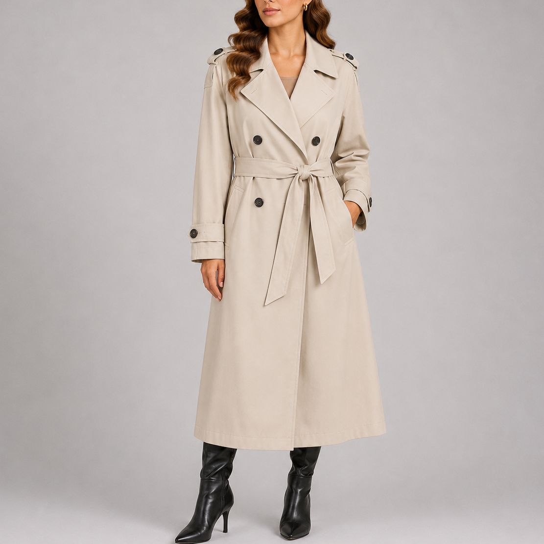 A woman wearing a cream long trench coat with a double-breasted front, belted waist, and longline fit