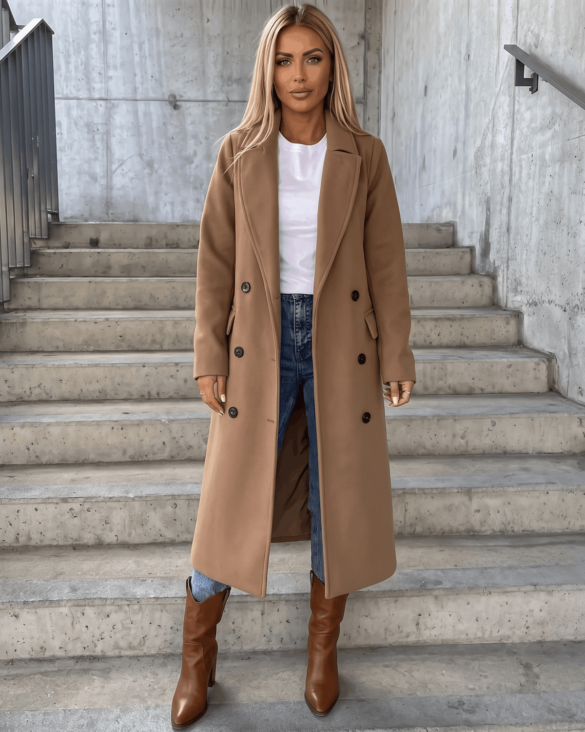 A woman wearing a long camel trench coat with a double-breasted front, wide lapels, and belted waist