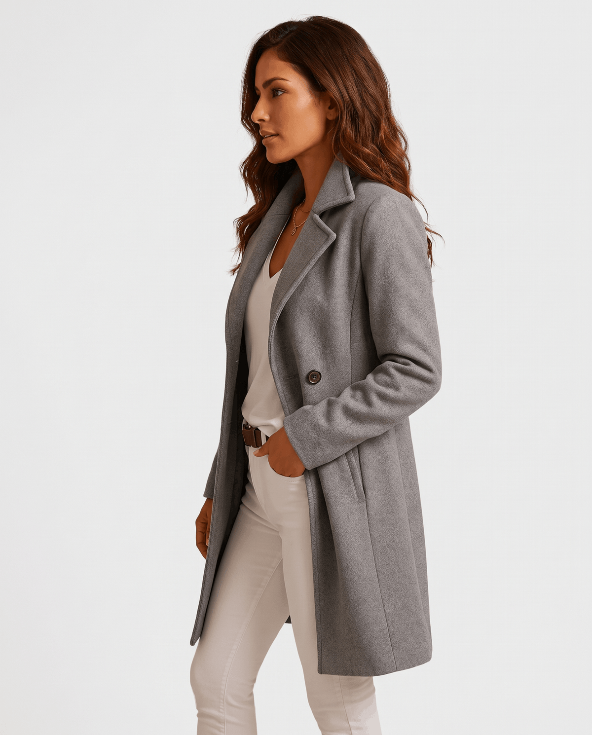 A woman wearing a gray long wool coat with a slim fit and notch collar, shown in side view