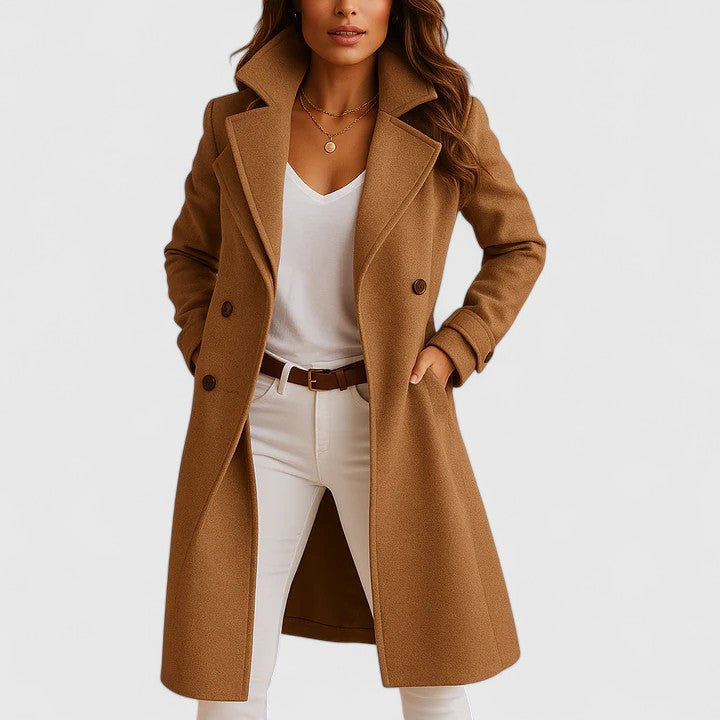 A woman wearing a camel brown long wool coat with a slim fit and notch collar
