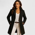 A woman wearing a black long wool coat with a slim fit and notch collar
