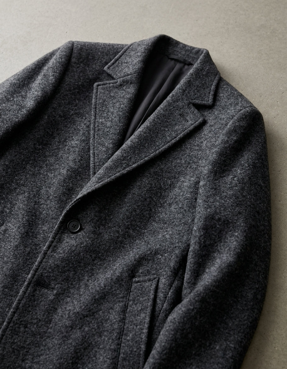 Close-up of a charcoal gray wool overcoat showing the notch lapel and textured fabric