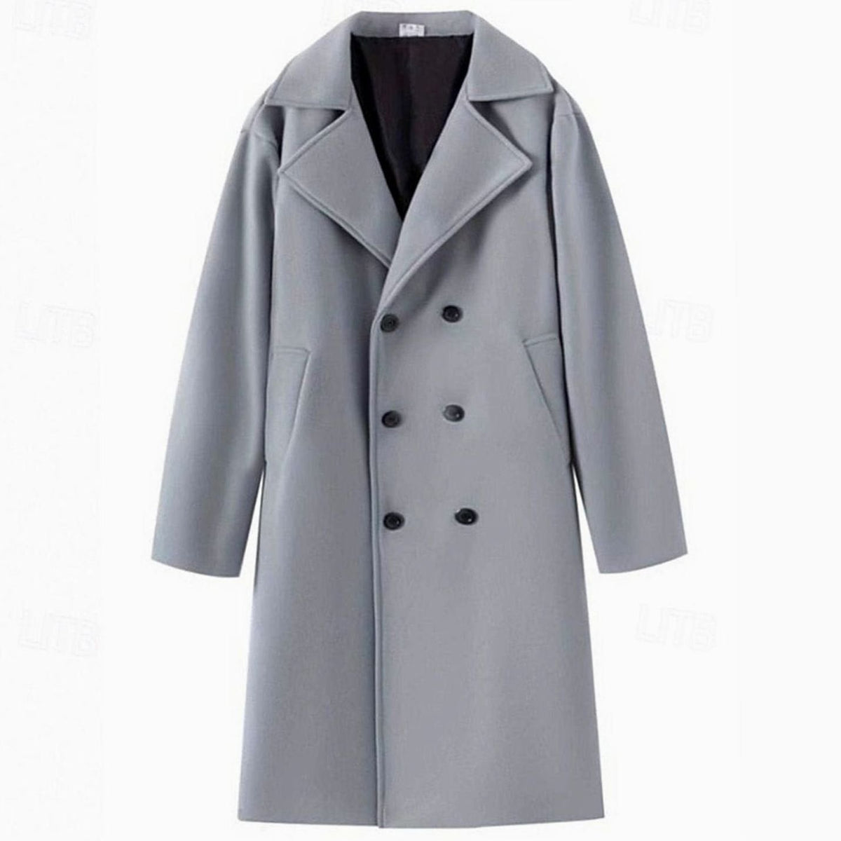 A light gray long wool trench coat with a double-breasted front and sharp notch lapel, shown flat