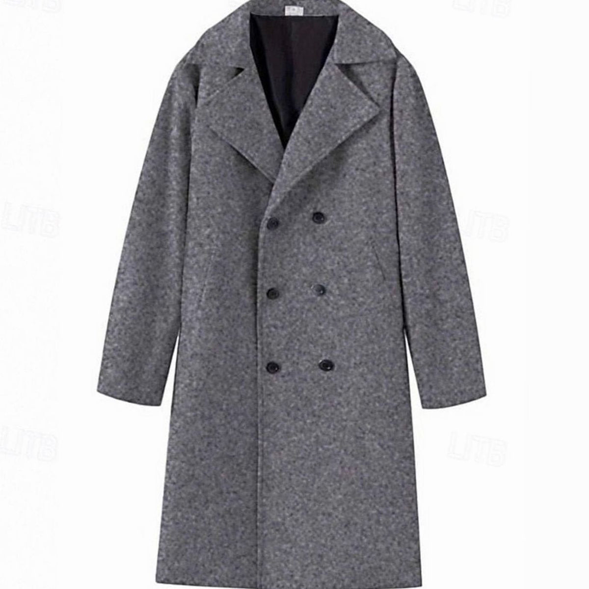 A gray long wool trench coat with a double-breasted front and sharp notch lapel, shown flat