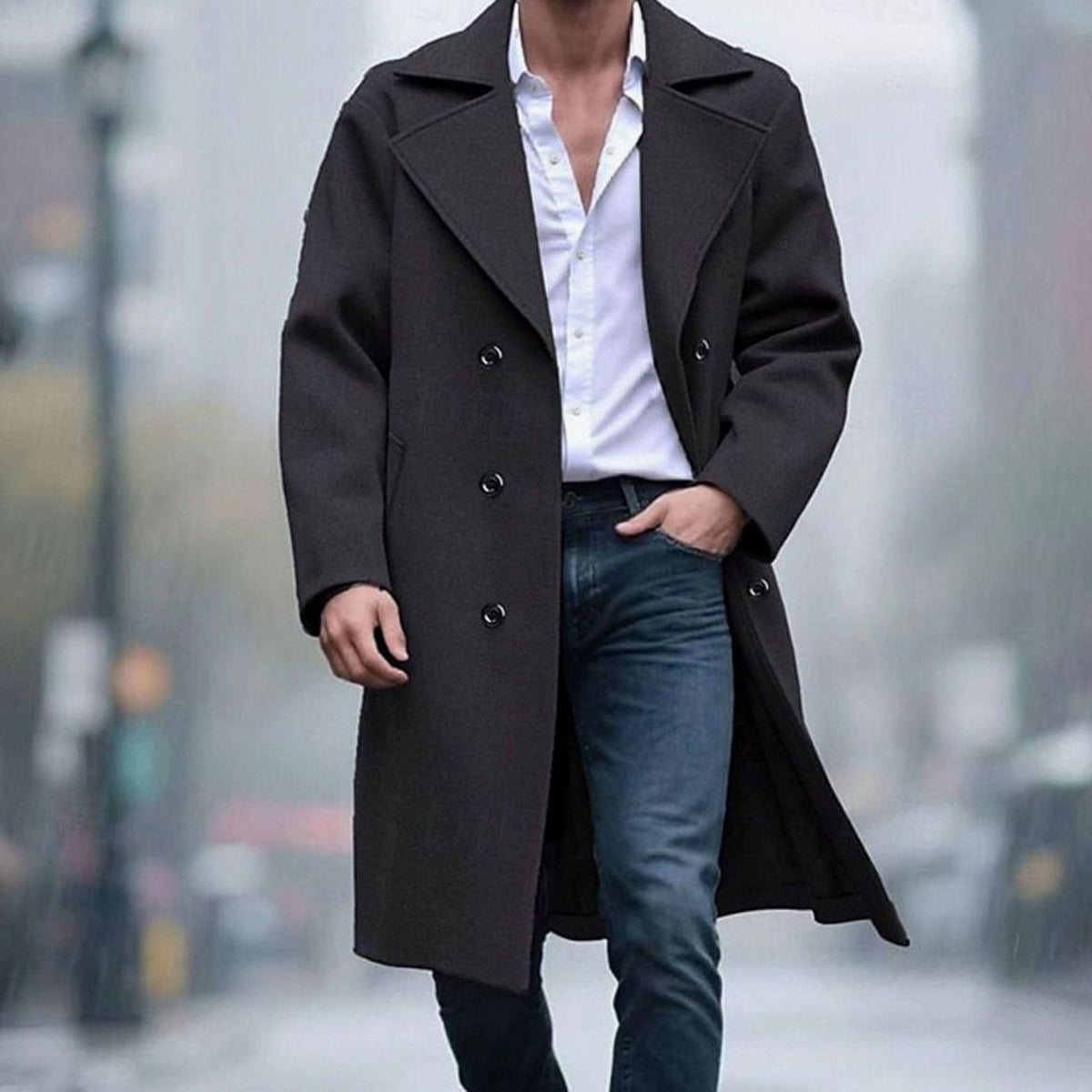 A man wearing a gray long wool trench coat with a double-breasted front and sharp notch lapel, standing outdoors