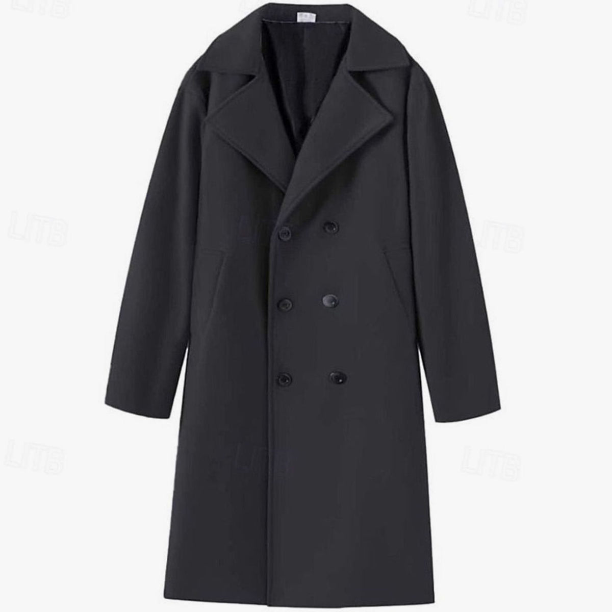 A black long wool trench coat with a double-breasted front and sharp notch lapel, shown flat