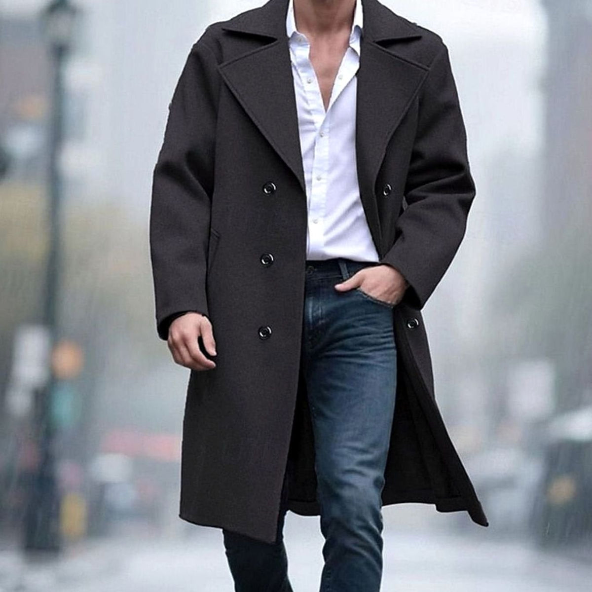A man wearing a black long wool trench coat with a double-breasted front and sharp notch lapel, standing outdoors