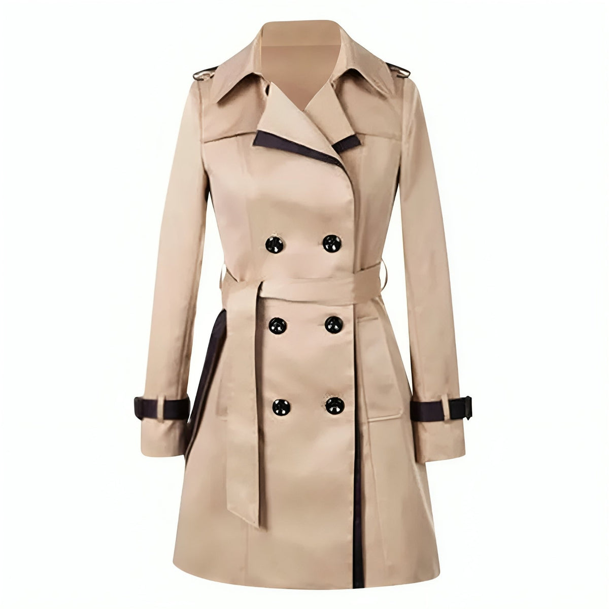A beige longline trench coat with a belted waist and double-breasted front, shown flat
